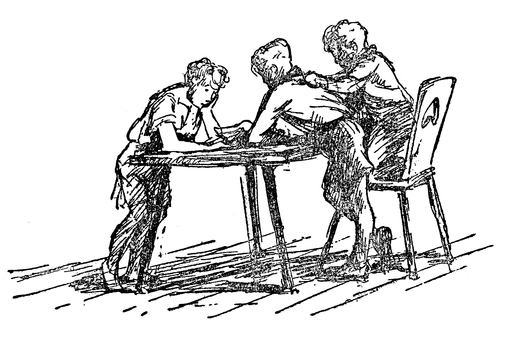 Die Jungen am Tisch mit dem Pergament